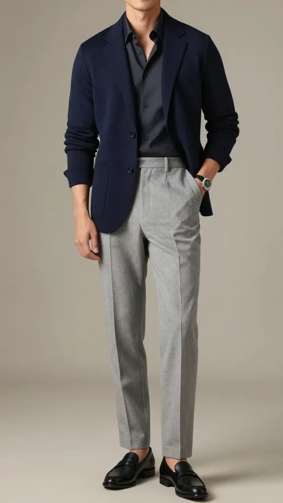 Semi-Formal Men’s Wedding Attires: 12 Sharp, Effortless Looks 4 Modern Navy Knit Blazer Ensemble That Feels Elevated but Easy