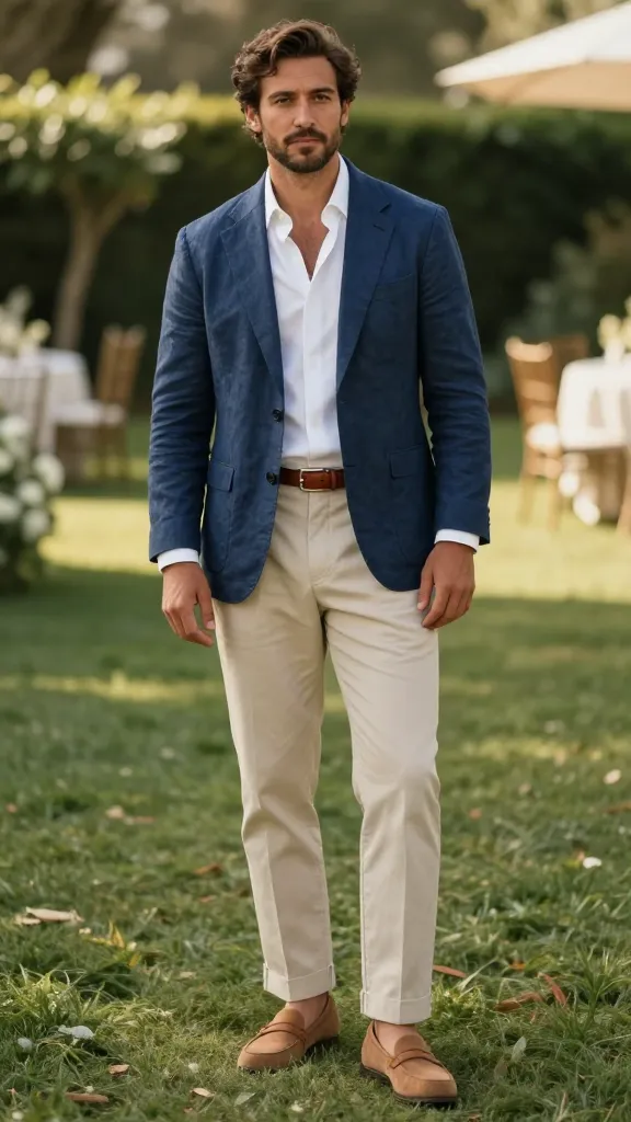 Semi-Formal Men’s Wedding Attires: 12 Sharp, Effortless Looks 6 Navy Linen Blazer + Crisp White Shirt for Summer Weddings