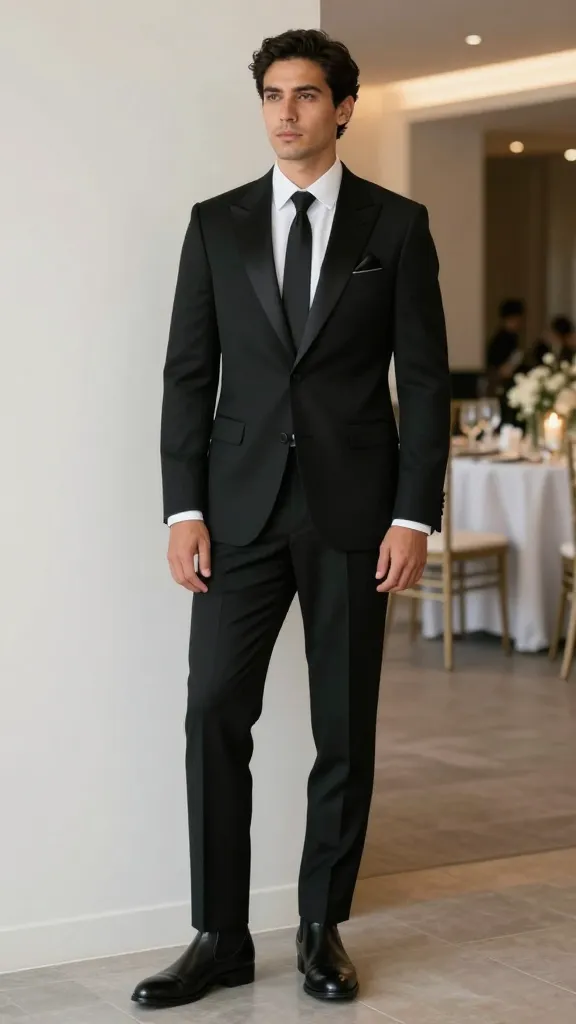 Semi-Formal Men’s Wedding Attires: 12 Sharp, Effortless Looks 7 Tux-Inspired Black Suit with Satin Notch Lapel, But Not Overkill