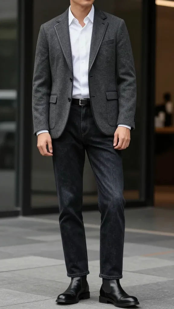 Semi-Formal Men’s Wedding Attires: 12 Sharp, Effortless Looks 8 Charcoal Neoprene-Trim Blazer with Midnight Jeans for a Dressy-Casual Mix