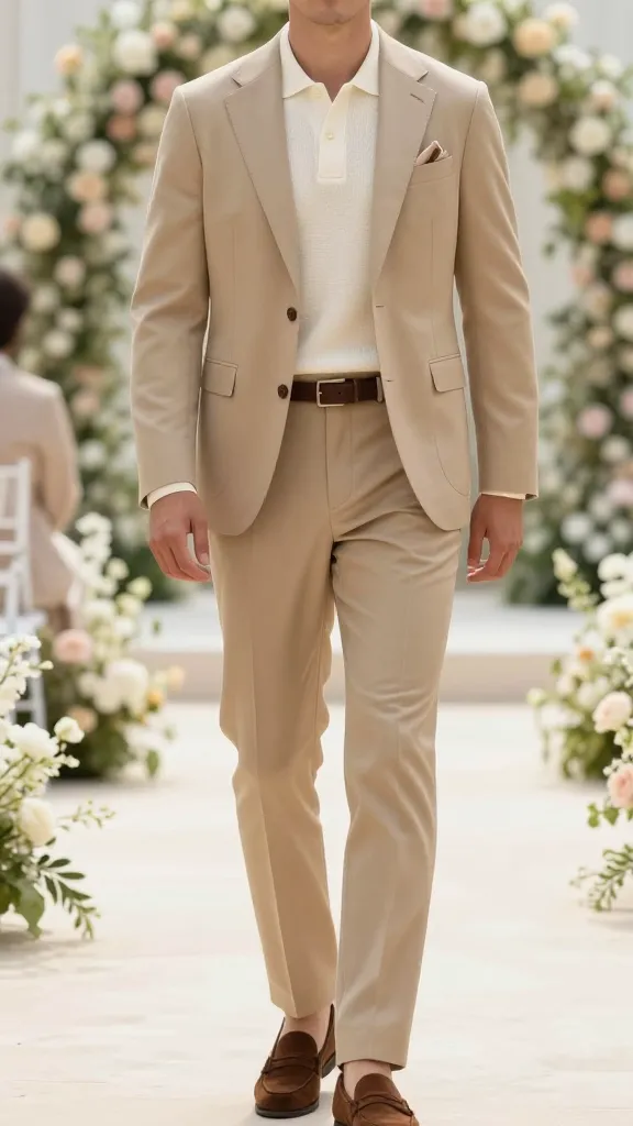 Semi-Formal Men’s Wedding Attires: 12 Sharp, Effortless Looks 9 Lightweight Tan Suit With Cream Knit Polo for a Soft, Fashion-Forward Look