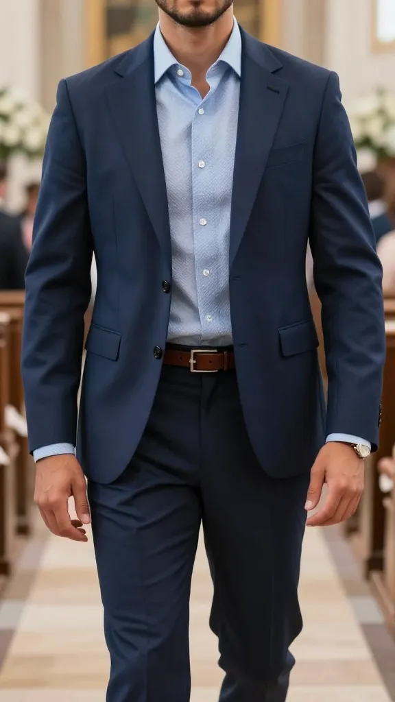Semi-Formal Men’s Wedding Attires: 12 Sharp, Effortless Looks 10 Classic Navy Suit, But with a Textured Shirt and No-Tie Confidence