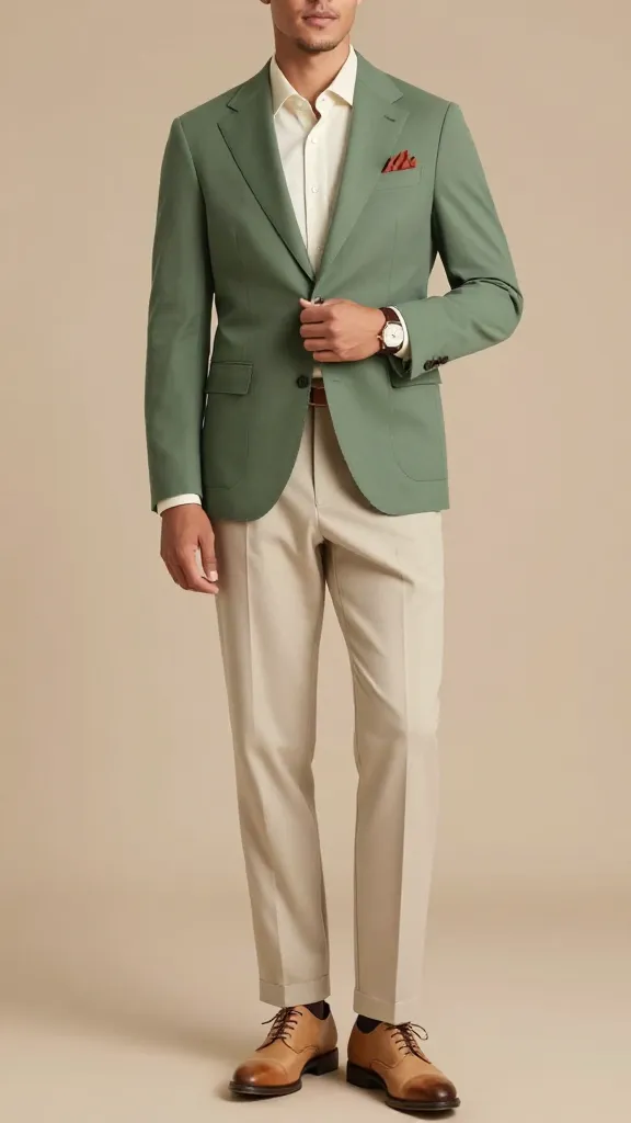 Semi-Formal Men’s Wedding Attires: 12 Sharp, Effortless Looks 11 Sage Green Blazer + Cream Trousers For a Fresh, Fashion-Forward Vibe