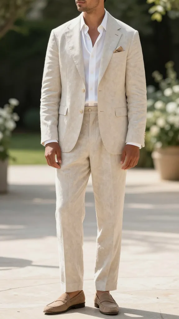 Semi-Formal Men’s Wedding Attires: 12 Sharp, Effortless Looks 12 Subtle Linen-Blend Suit With Pearl-Tinish Accessories