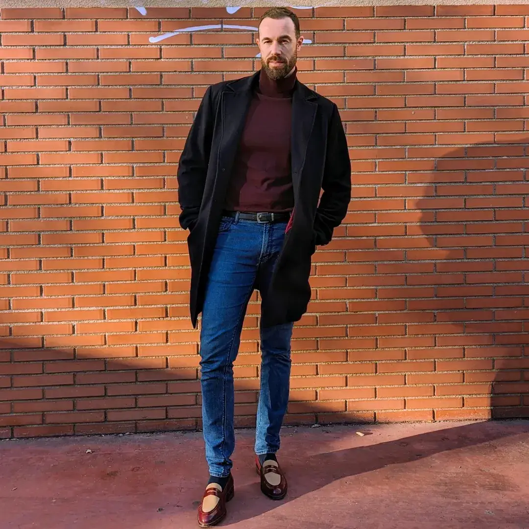 Light Blue Jeans Outfit Men Over 40 Actually Look Good In 5 Black Overcoat and Burgundy Turtleneck