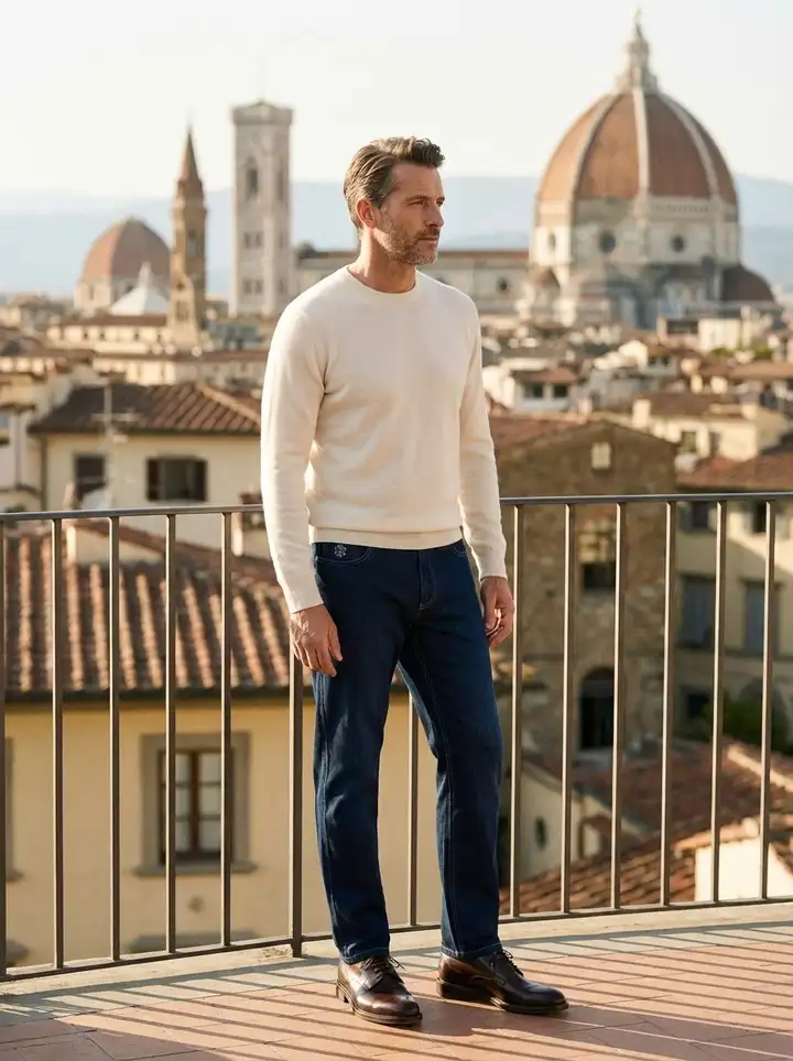 Light Blue Jeans Outfit Men Over 40 Actually Look Good In 9 Cream Sweater and Dark Denim