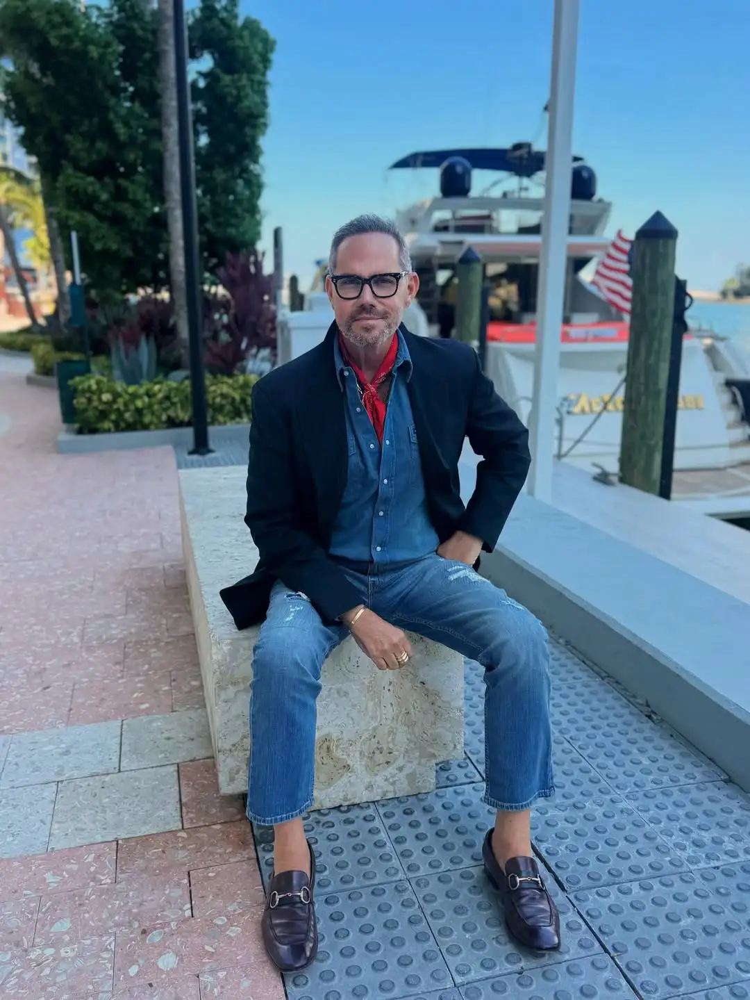Light Blue Jeans Outfit Men Over 40 Actually Look Good In 11 Dark Blazer and Red Neckerchief