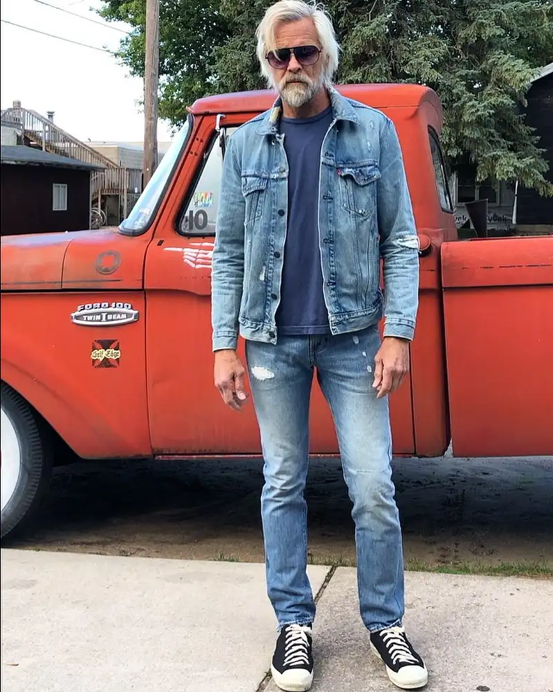 Light Blue Jeans Outfit Men Over 40 Actually Look Good In 6 Double Denim Jacket and Dark Tee