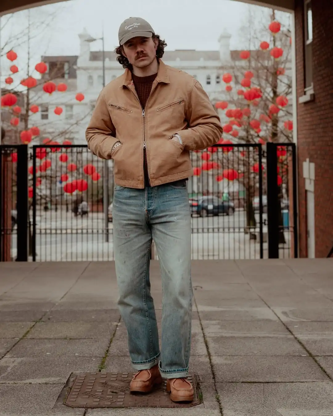 Light Blue Jeans Outfit Men Over 40 Actually Look Good In 12 Tan Canvas Jacket and Moccasins