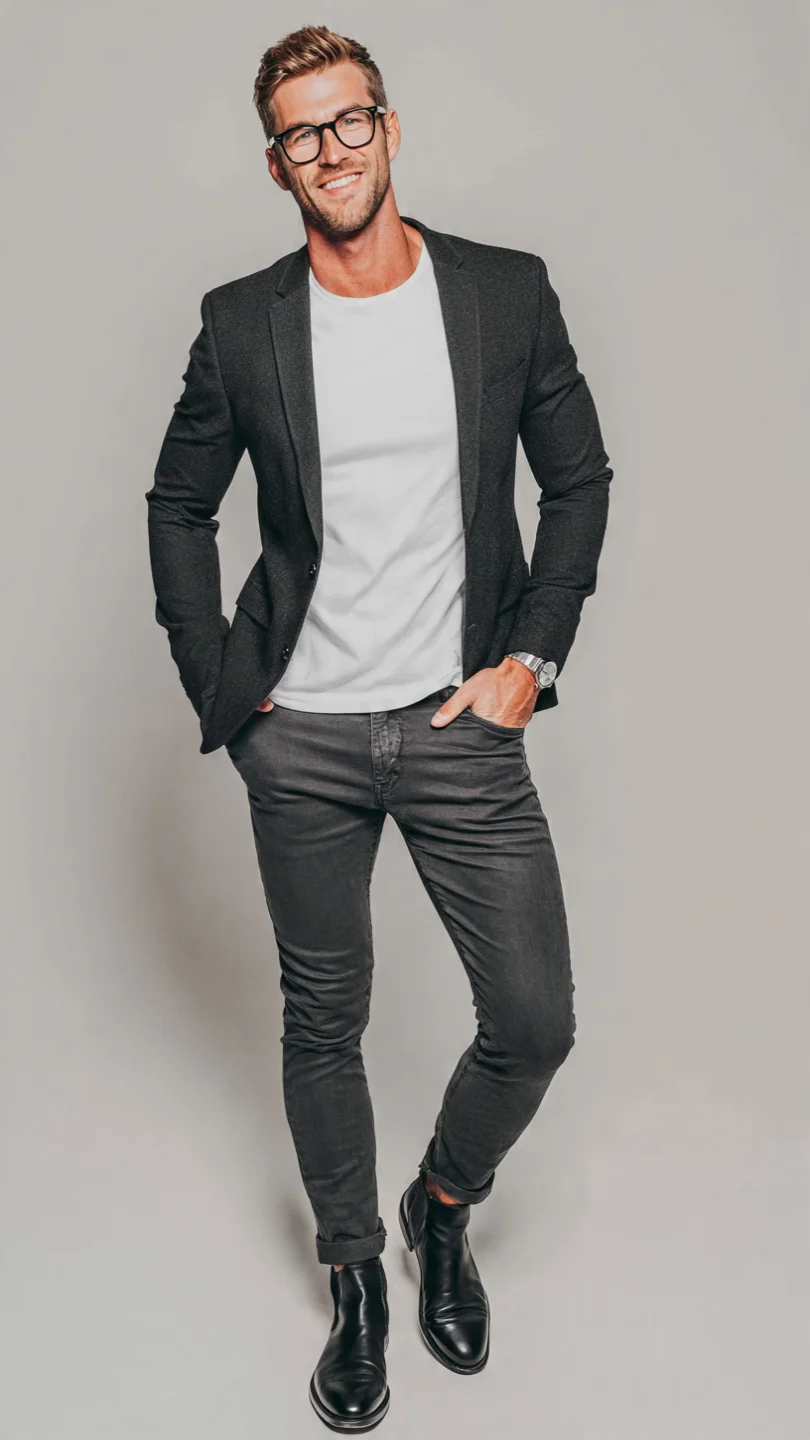 9 Men’s Glasses Trends That Instantly Elevate Your Look 3 Black Rectangular Frames Charcoal Blazer 1