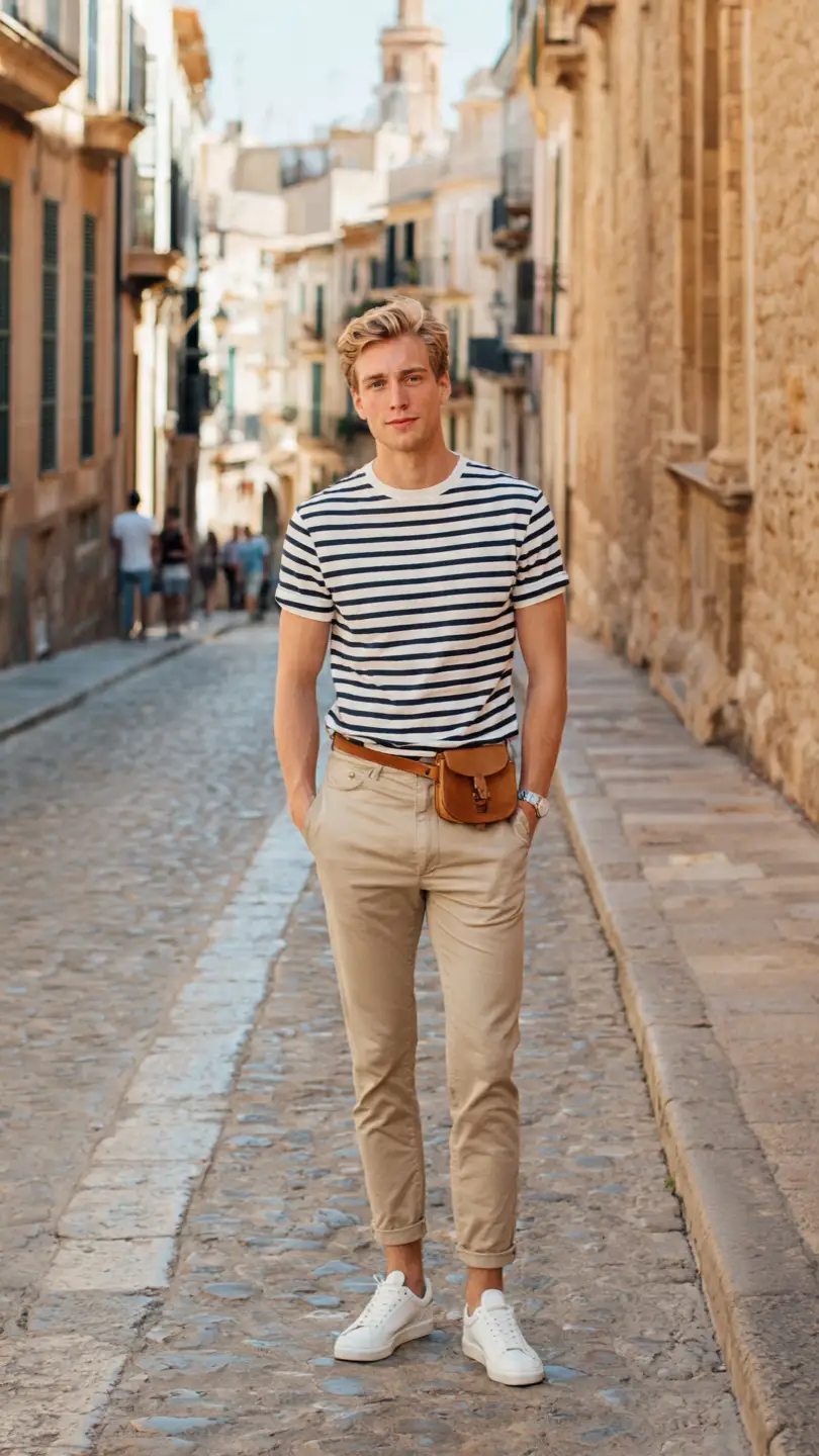 Spain Outfits for Men for a Sharp European Look 5 Stripe Breton Tee + Chinos — The Barcelona Uniform