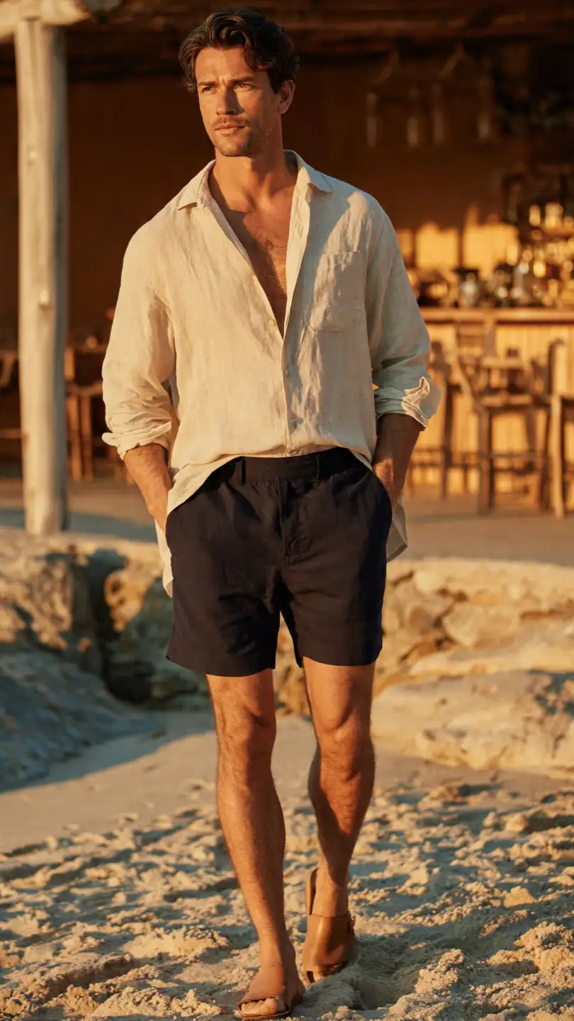 9 Men's Summer Looks That Actually Hold Up in the Heat 9 Swim Shorts + Linen Overshirt