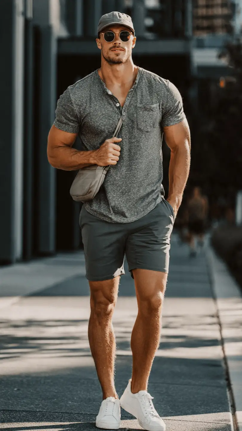 11 Stylish Men Summer Wear Ideas for Hot Days 11 The Athletic Shorts and Henley Combo