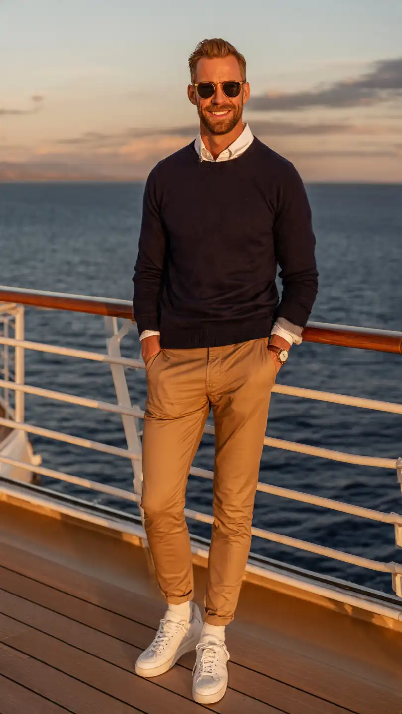 Cruise Outfits for Men: From Deck to Dinner 14 The Casual Captain — Structured Casual for Onboard Evenings