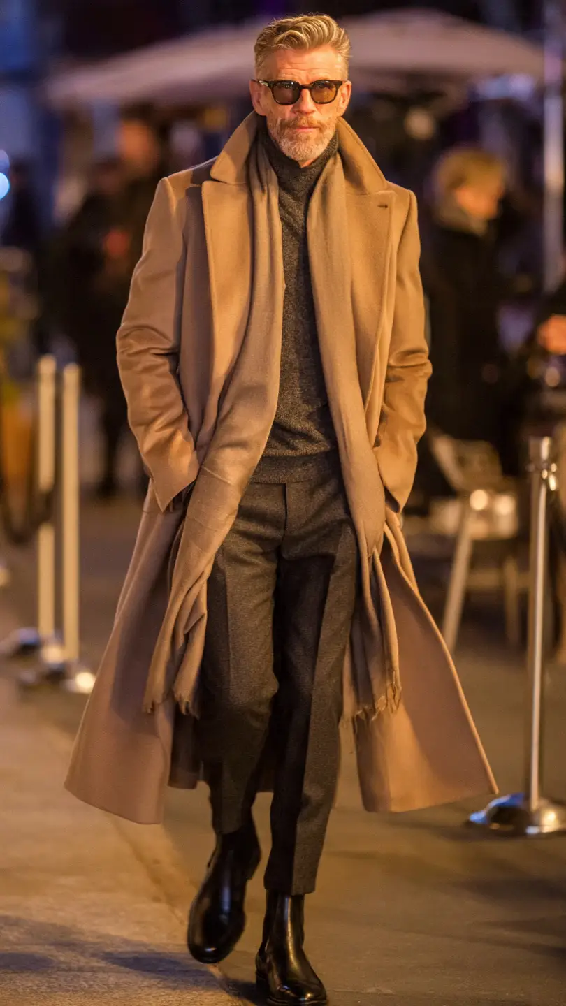 Men 50th Birthday Looks Worth Celebrating 7 The Coat Check Aesthetic Camel Overcoat Ensemble