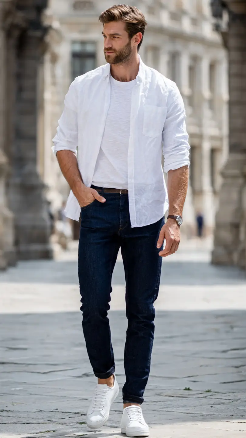 Men Summer Vacation Outfits for Every Getaway 9 The Dark Denim and Linen Shirt