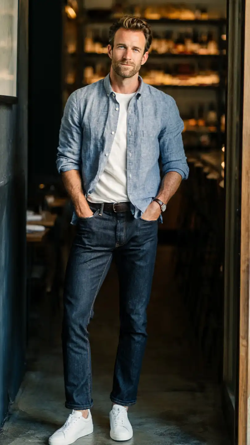 10 Men Summer Dinner Outfit Ideas for Every Occasion 8 The Dark Denim and Linen Shirt