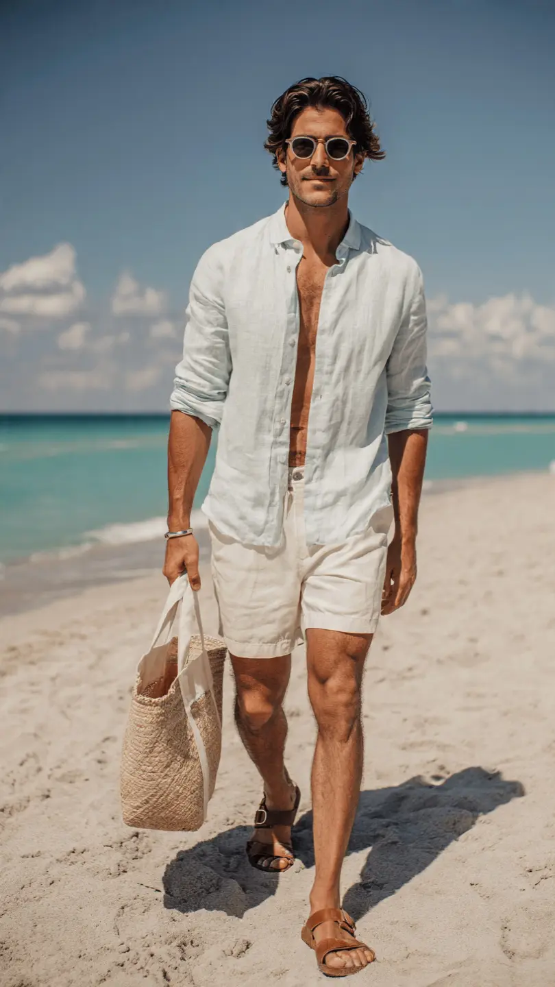 Summer Beach Outfits for a Stylish Getaway 3 The Linen Shirt and Trunk Combo — The One That Always Works