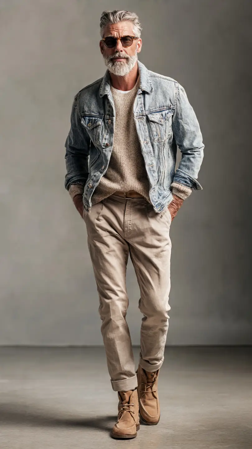 Men 50th Birthday Looks Worth Celebrating 9 The Modern Classic: Light-Wash Denim Jacket + Layered Neutrals
