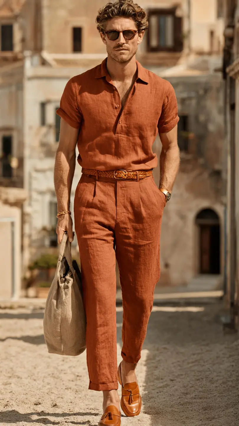 Men Summer Vacation Outfits for Every Getaway 8 The Monochrome Earth Tone Vacation Set