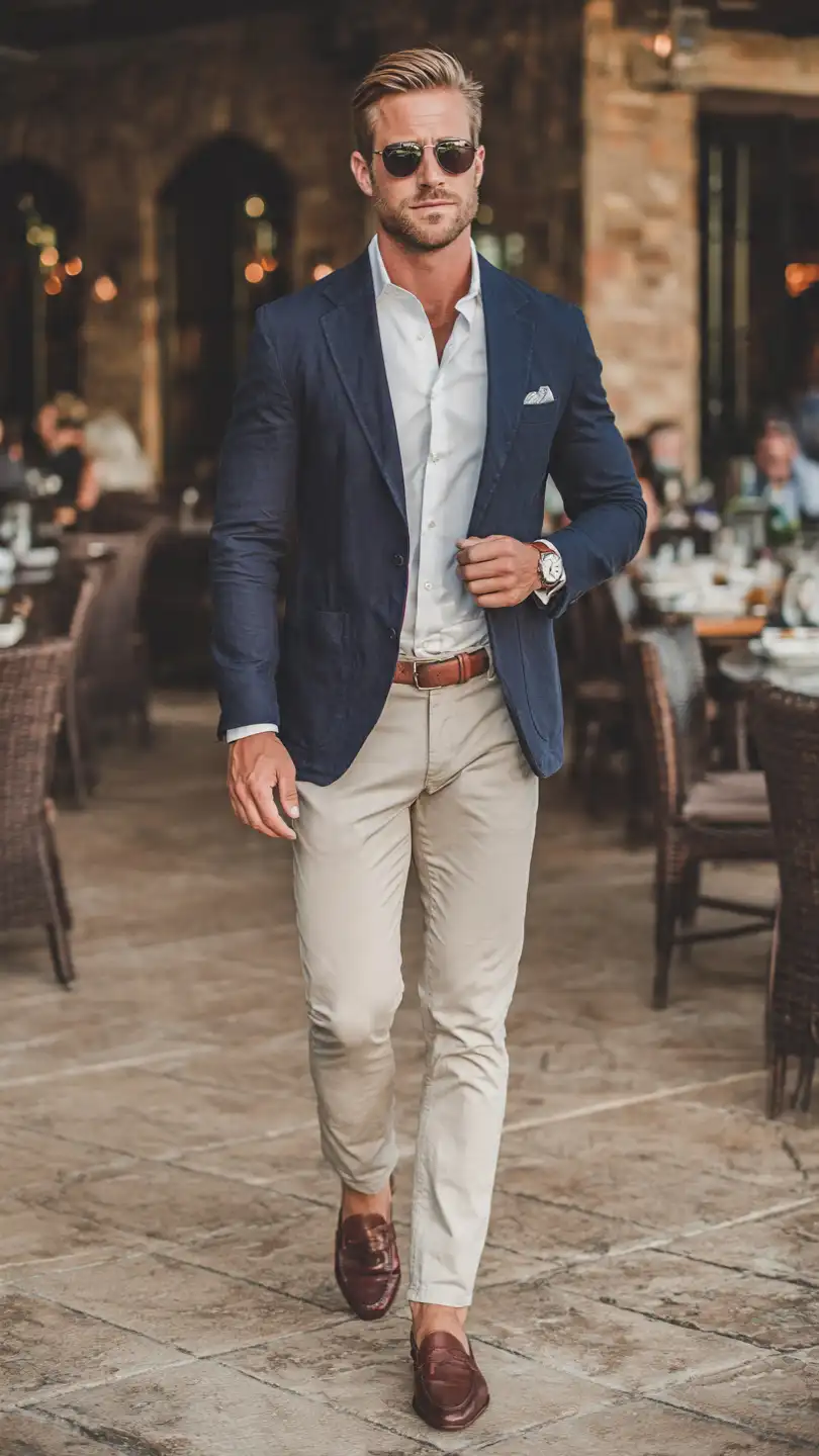 10 Men Summer Dinner Outfit Ideas for Every Occasion 6 The Navy Blazer and Chino Combo