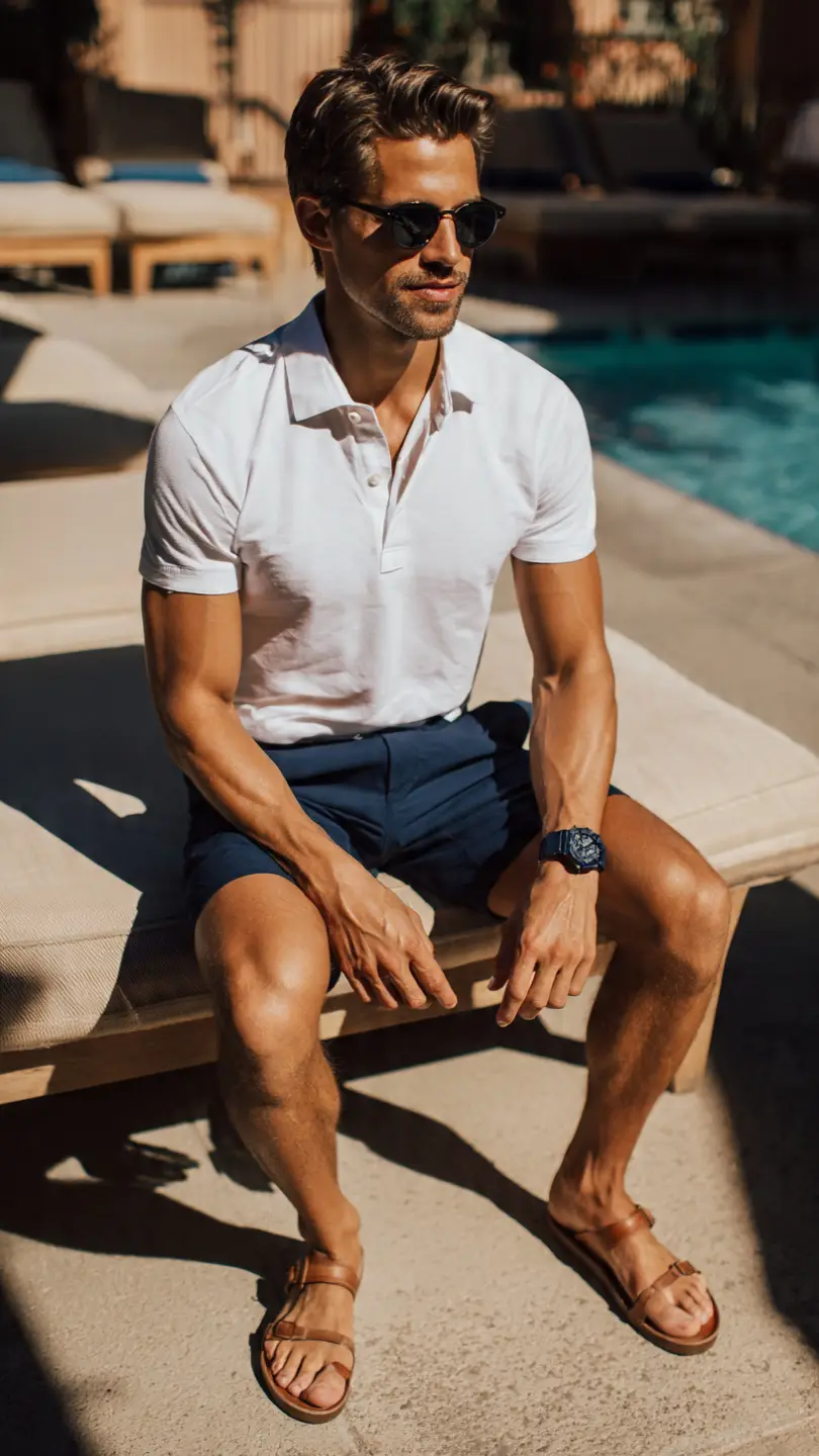 Men Summer Vacation Outfits for Every Getaway 7 The Polo and Swim Shorts Pairing
