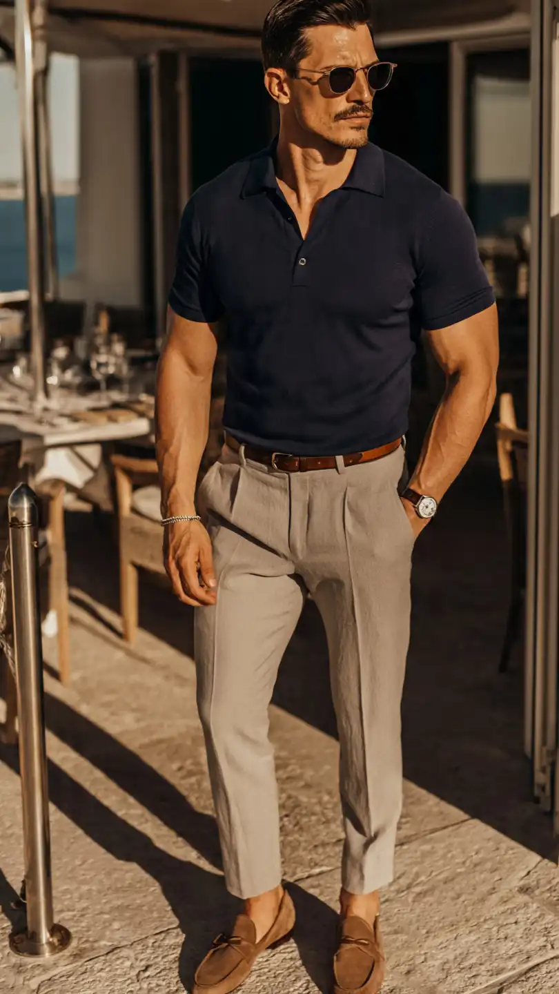 10 Men Summer Dinner Outfit Ideas for Every Occasion 7 The Polo and Trouser Pairing