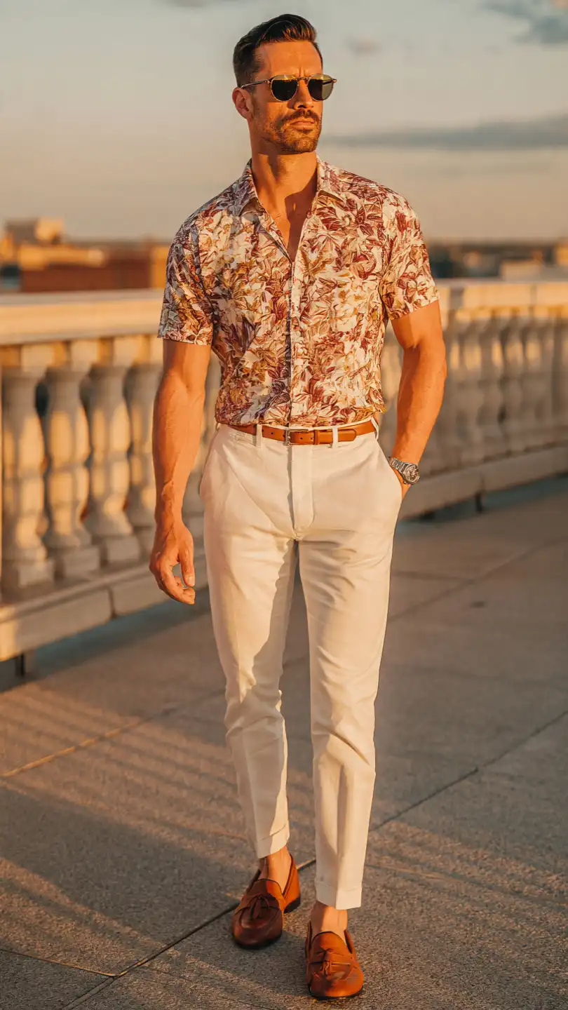 10 Men Summer Dinner Outfit Ideas for Every Occasion 9 The Printed Shirt and Neutral Trouser