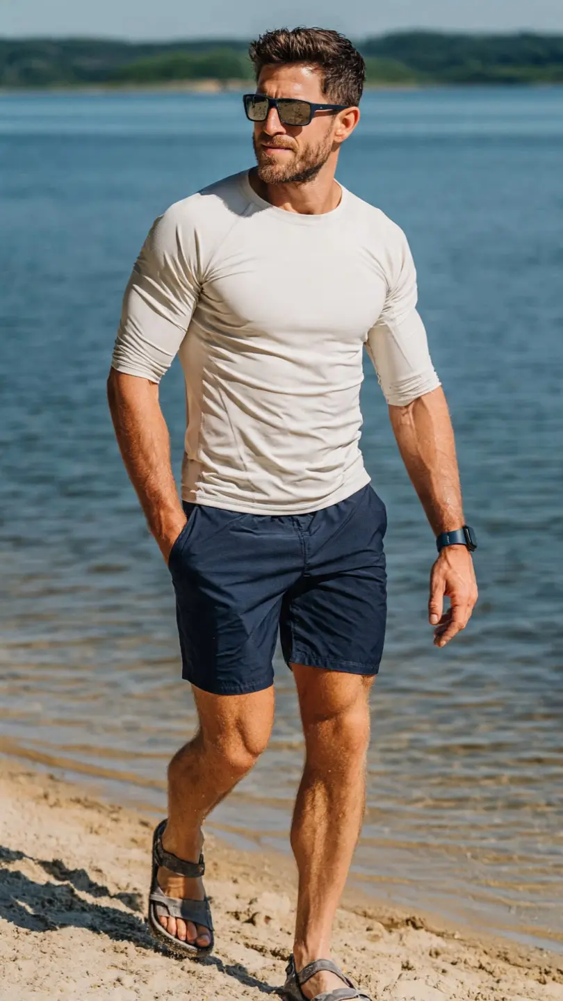 Summer Beach Outfits for a Stylish Getaway 4 The Solid Swim Trunk and Rash Guard — Built for the Water
