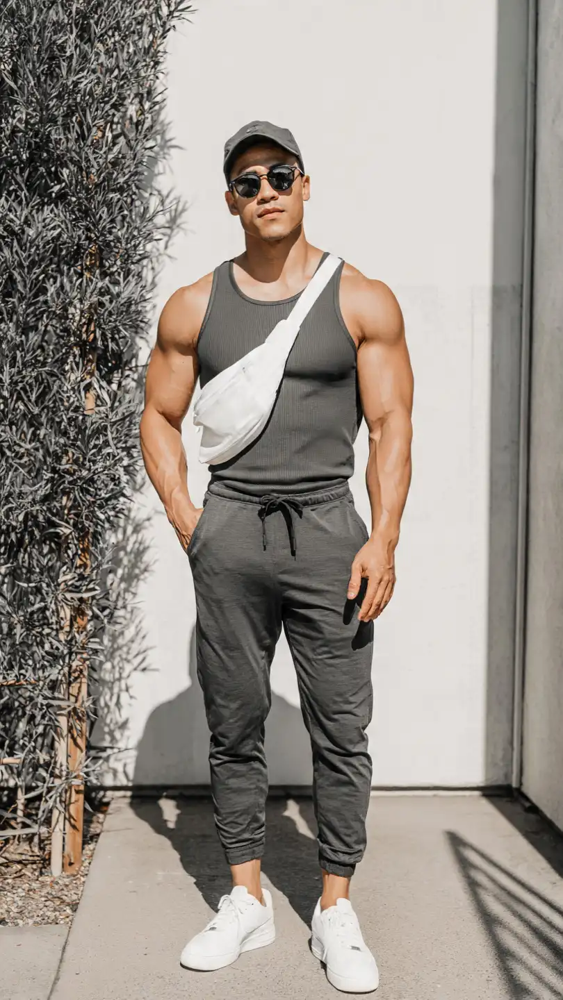 11 Stylish Men Summer Wear Ideas for Hot Days 7 The Tank Top and Joggers Combo
