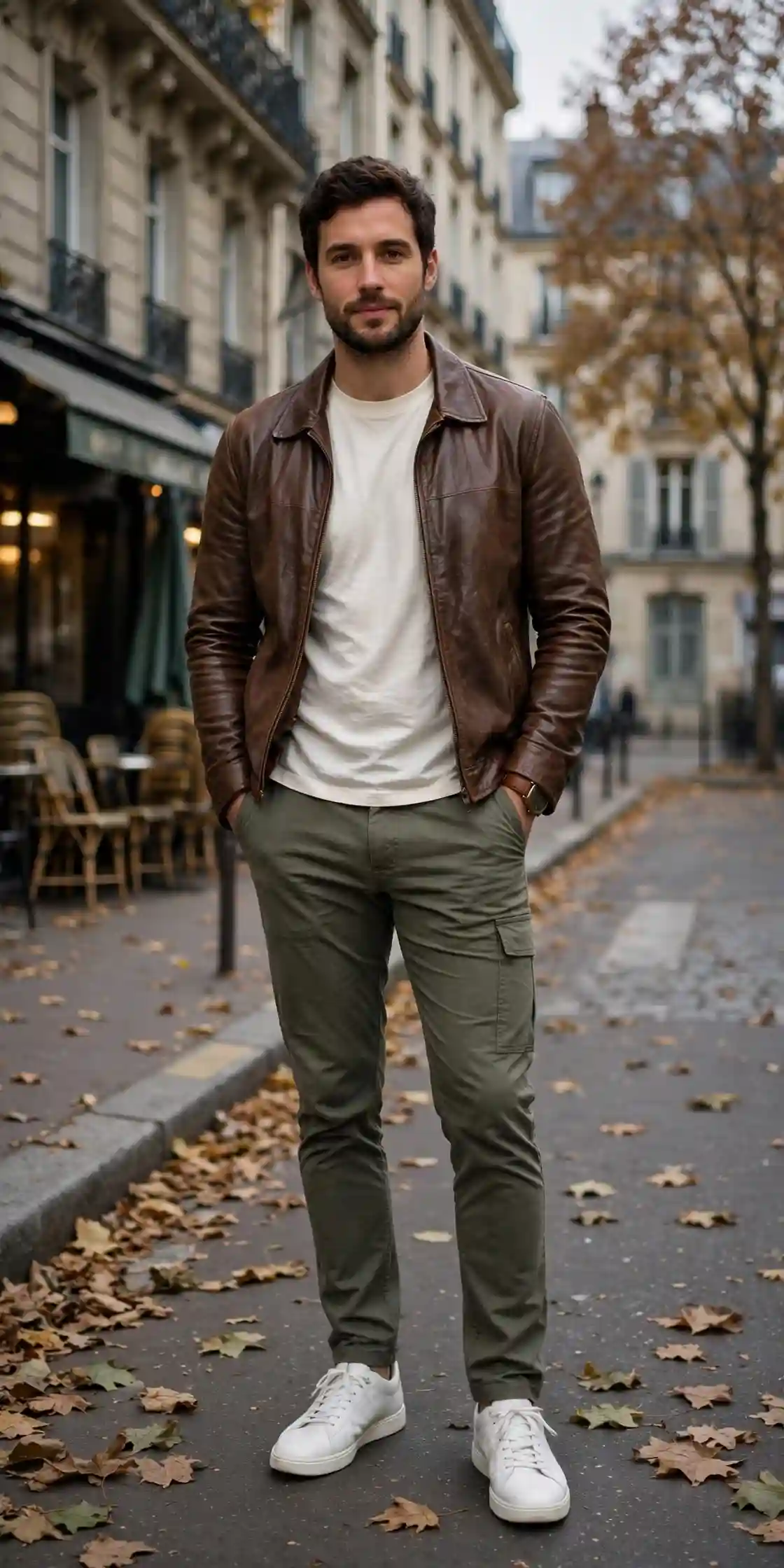 Men Autumn Outfits That Make Getting Dressed Easy 12 Olive Trousers and a Brown Leather Jacket