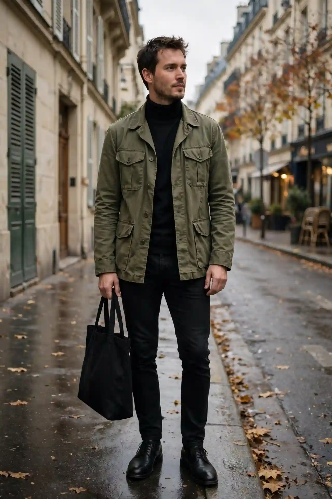 Men Autumn Outfits That Make Getting Dressed Easy 5 Olive Utility Jacket Over a Black Turtleneck — The Low-Effort Sharp Outfit