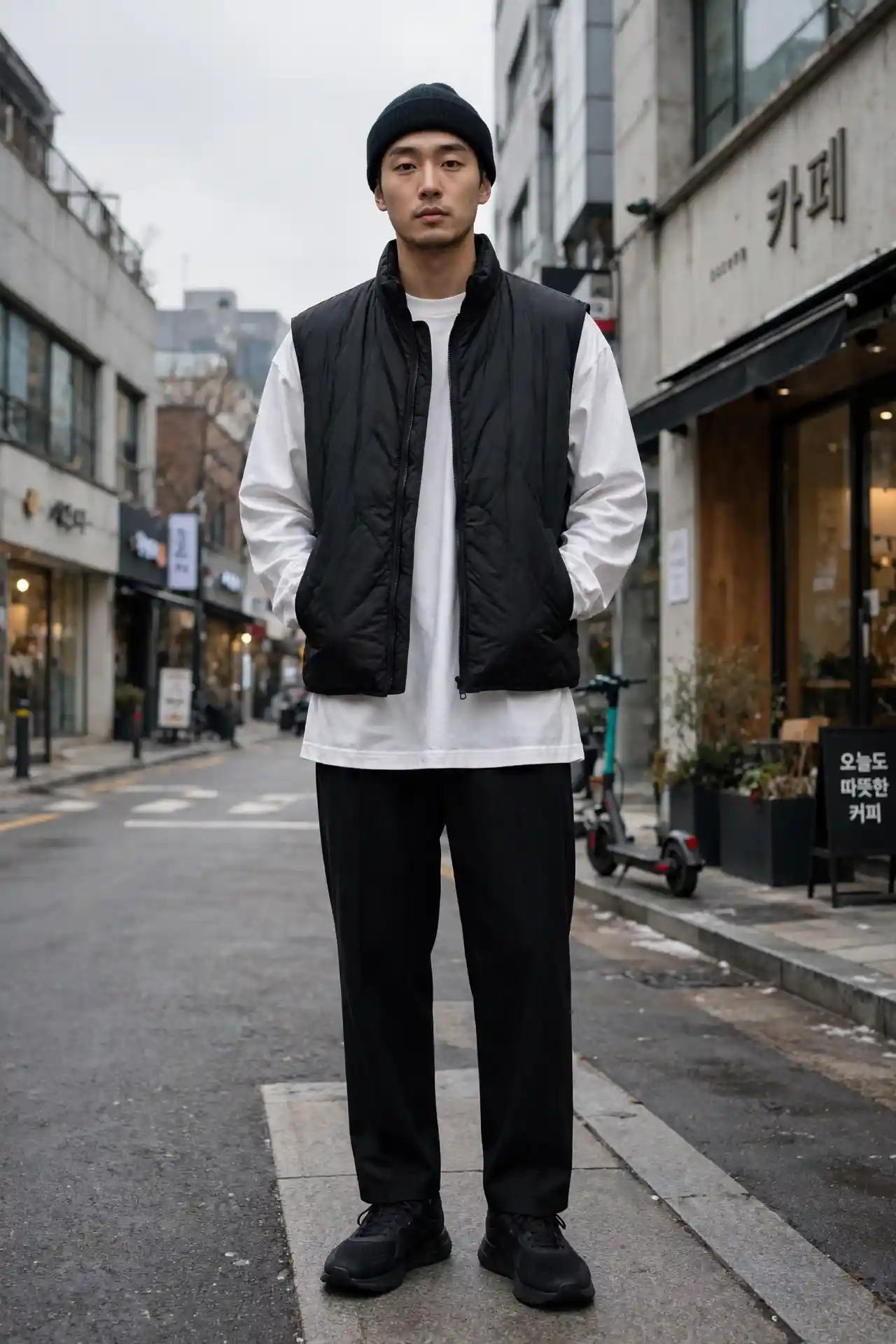 Korean Outfits for Men: 8 Ideas That Always Look Effortless 9 Padded Vest Over Longline Tee — The Cold-Weather Layer That Works
