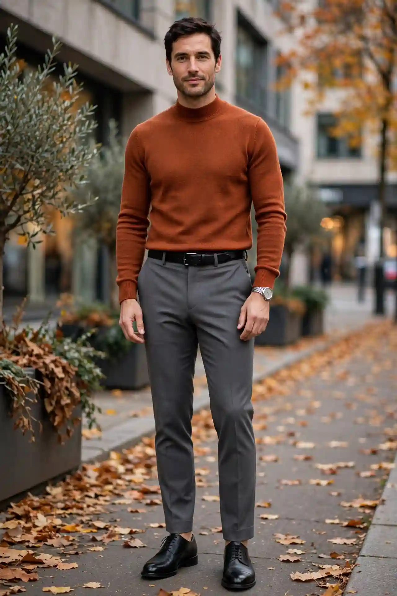Men Autumn Outfits That Make Getting Dressed Easy 8 Rust Roll Neck and Tailored Grey Trousers