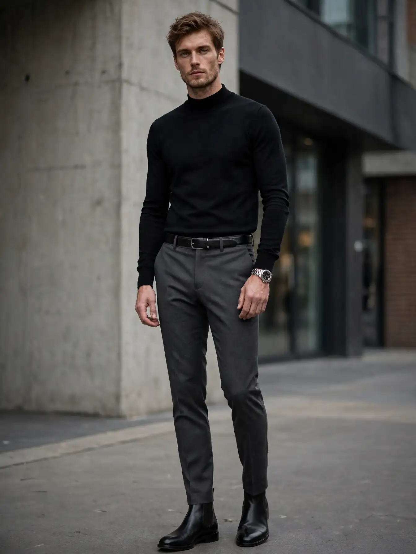 Black Shirts Outfit: 7 Inspiration for Modern Men 7 Sleek Mock-Neck Black Shirt With Tailored Trousers