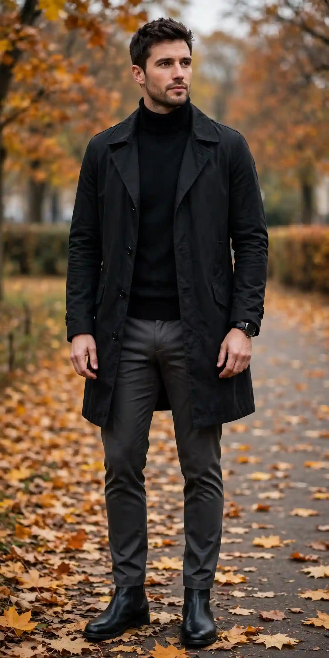 10 Men's Fall Trench Coats for a Timeless Seasonal Look 4 The All-Black Uniform