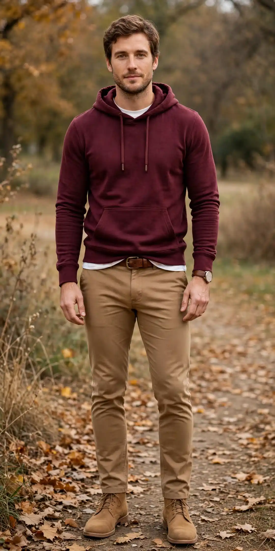 Men's Fall Hoodies for Effortless Autumn Style 6 The Burgundy Hoodie and Tan Chinos