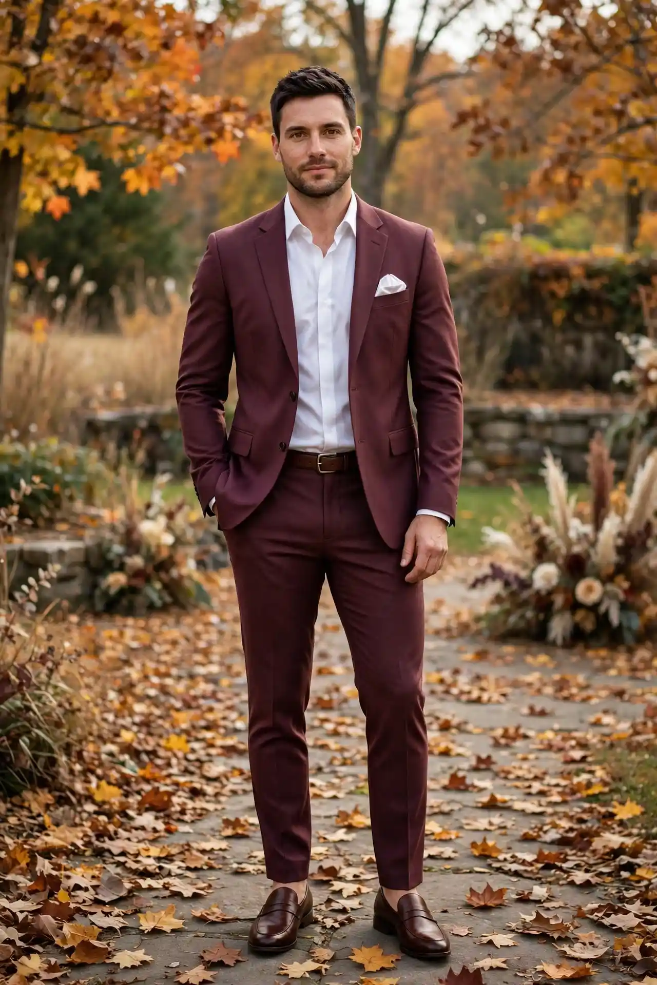 Men's Fall Wedding Outfits: 15 Ideas for Every Dress Code 6 The Burgundy Suit