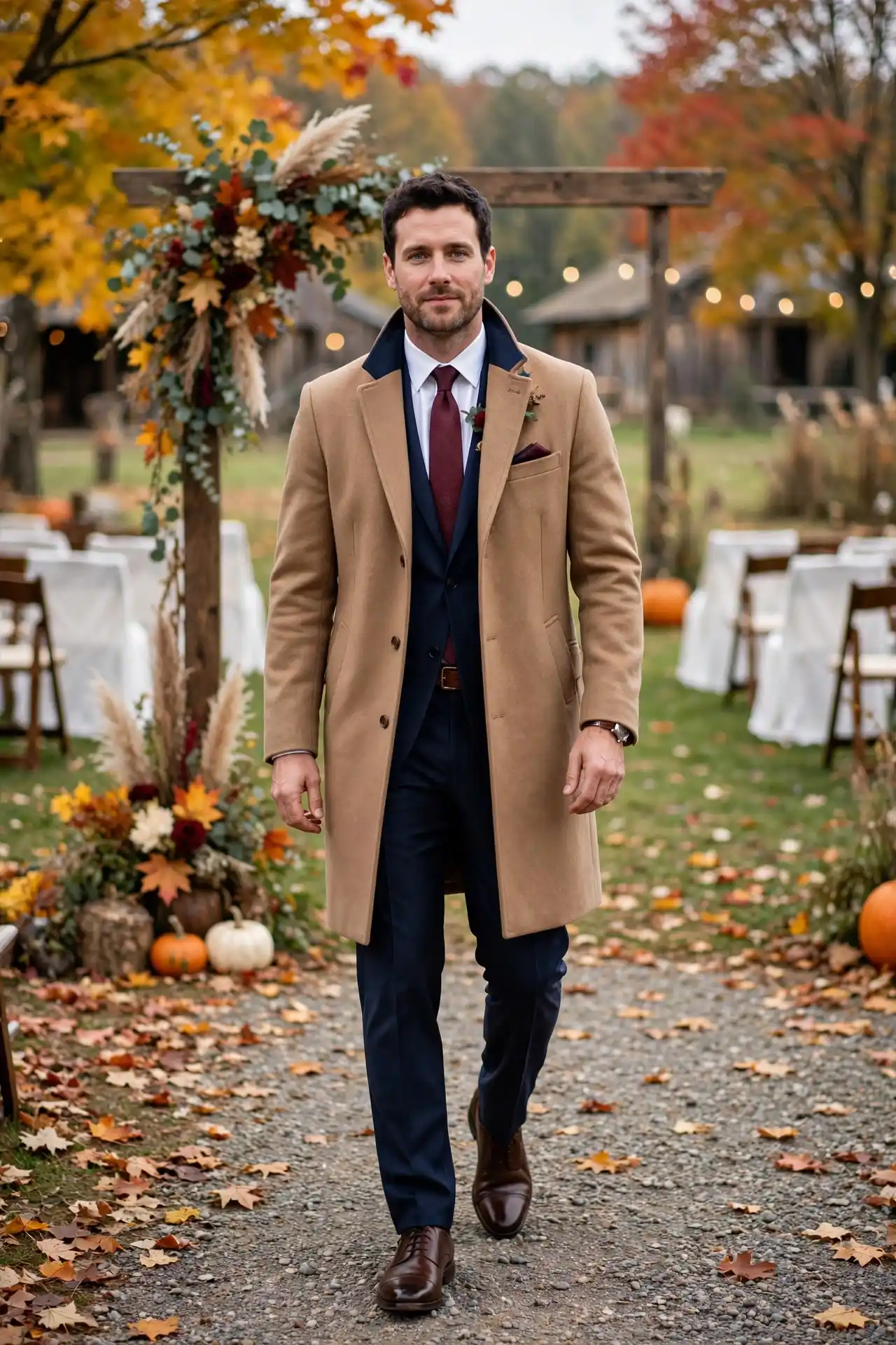 Men's Fall Wedding Outfits: 15 Ideas for Every Dress Code 9 The Camel Overcoat Over a Navy Suit
