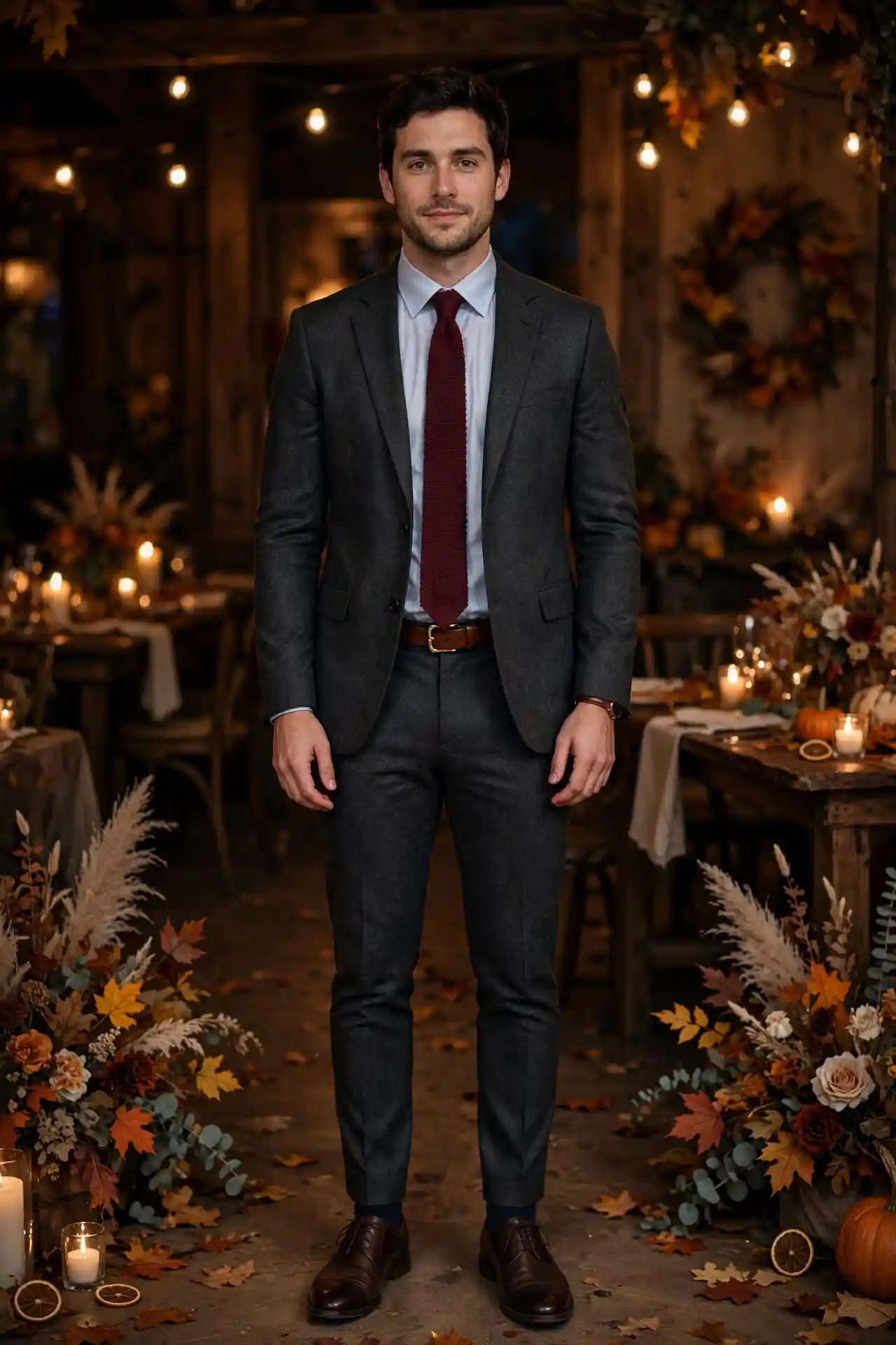Men's Fall Wedding Outfits: 15 Ideas for Every Dress Code 4 The Charcoal Suit With a Burgundy Tie