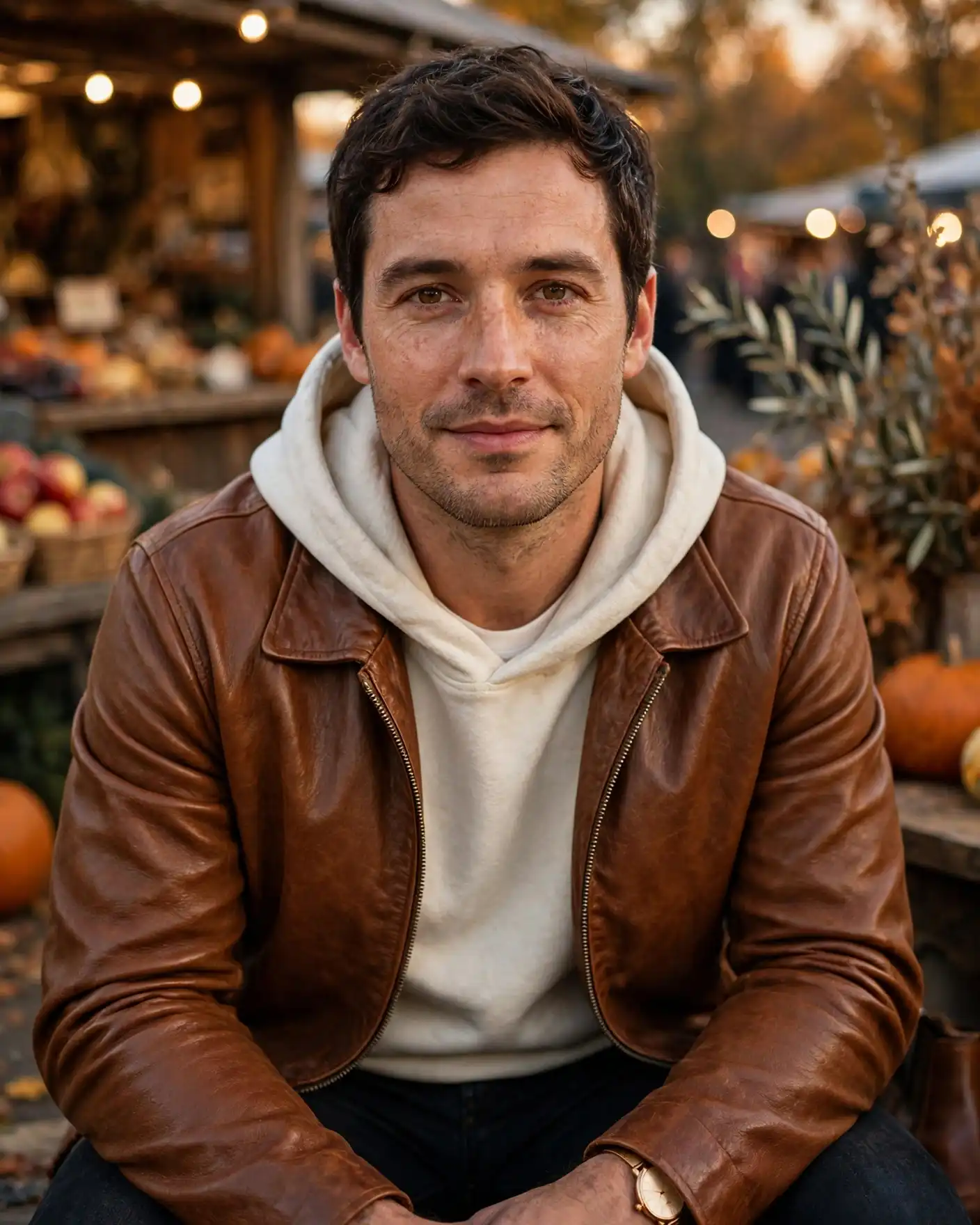 Men's Fall Hoodies for Effortless Autumn Style 10 The Cream Hoodie and Brown Leather Jacket
