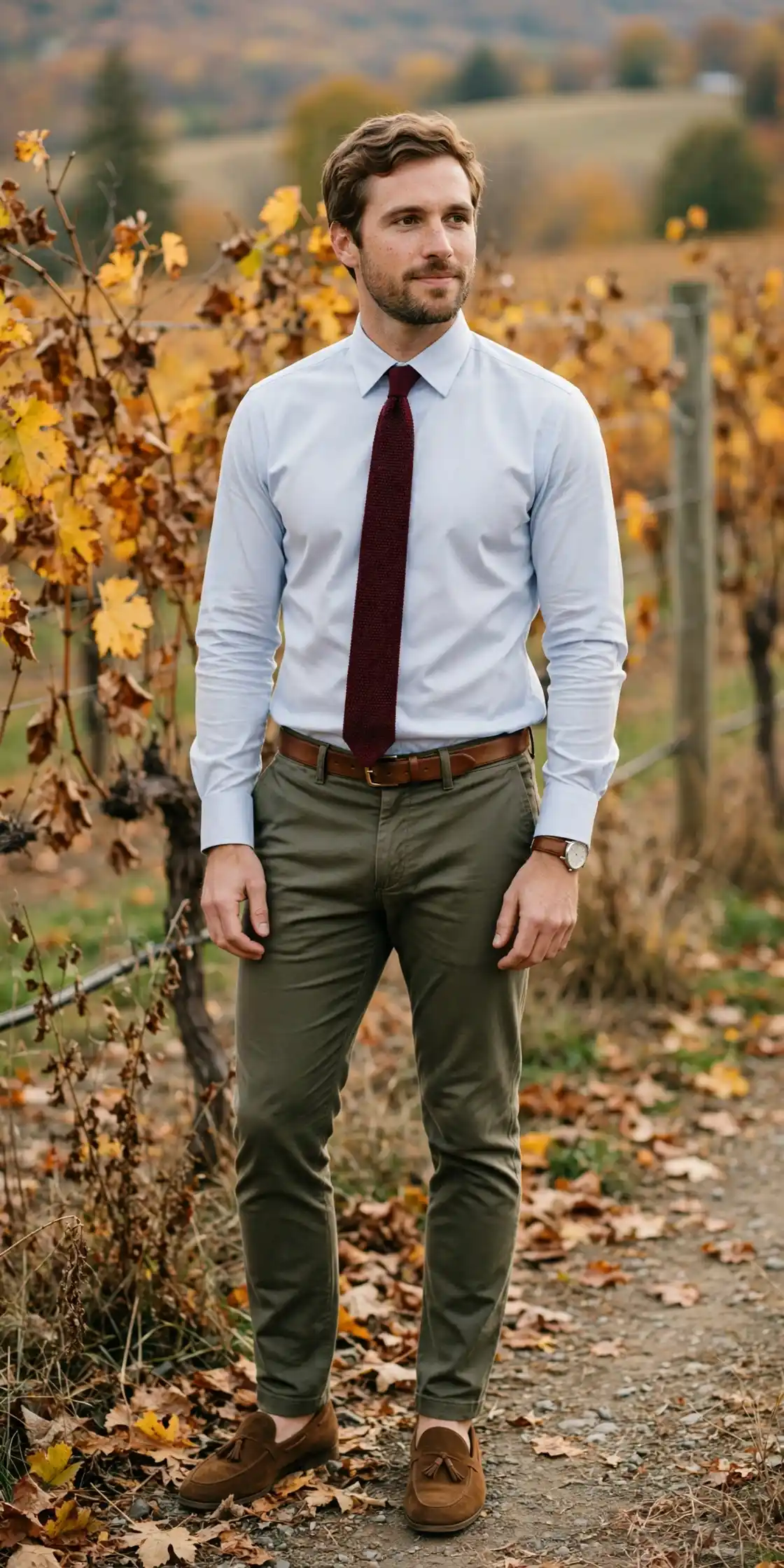 Men's Fall Wedding Outfits: 15 Ideas for Every Dress Code 16 The Dress Shirt, Knit Tie, and Chinos