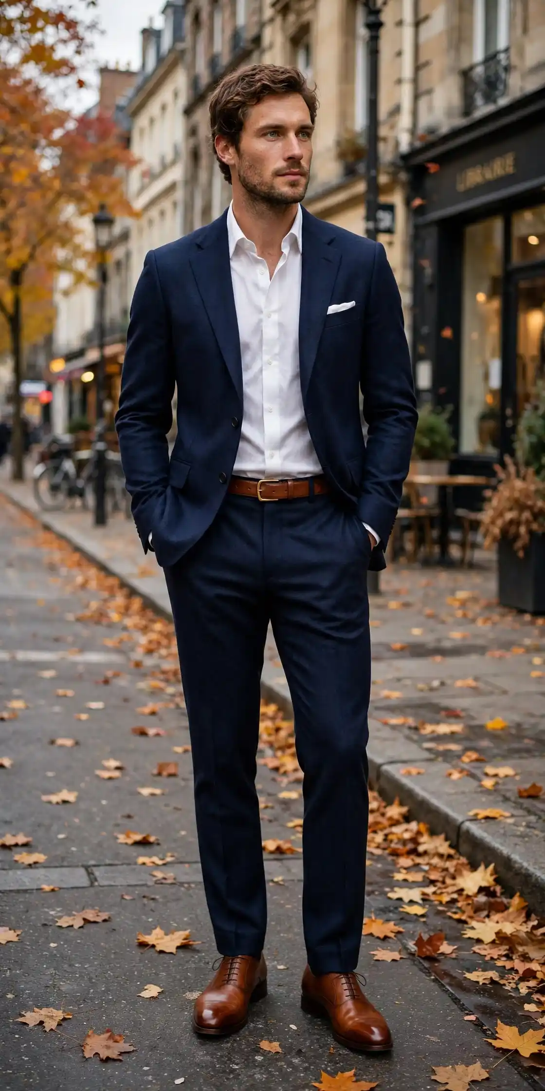 The Navy Suit With Brown Accessories