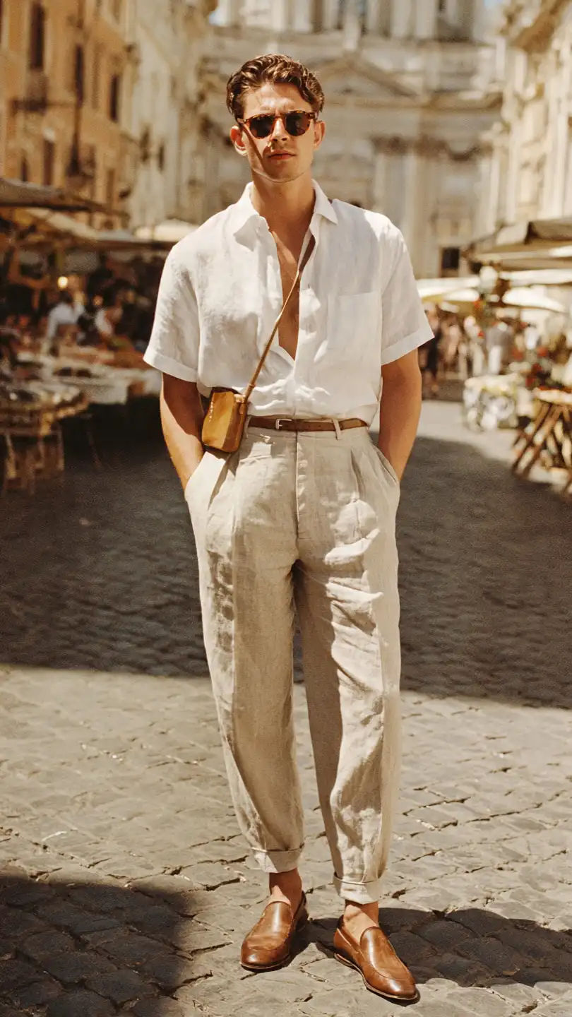 Italy Outfits for Men: 8 Stylish Vacation Looks 3 The Roman Afternoon — Effortless Smart Casual 1