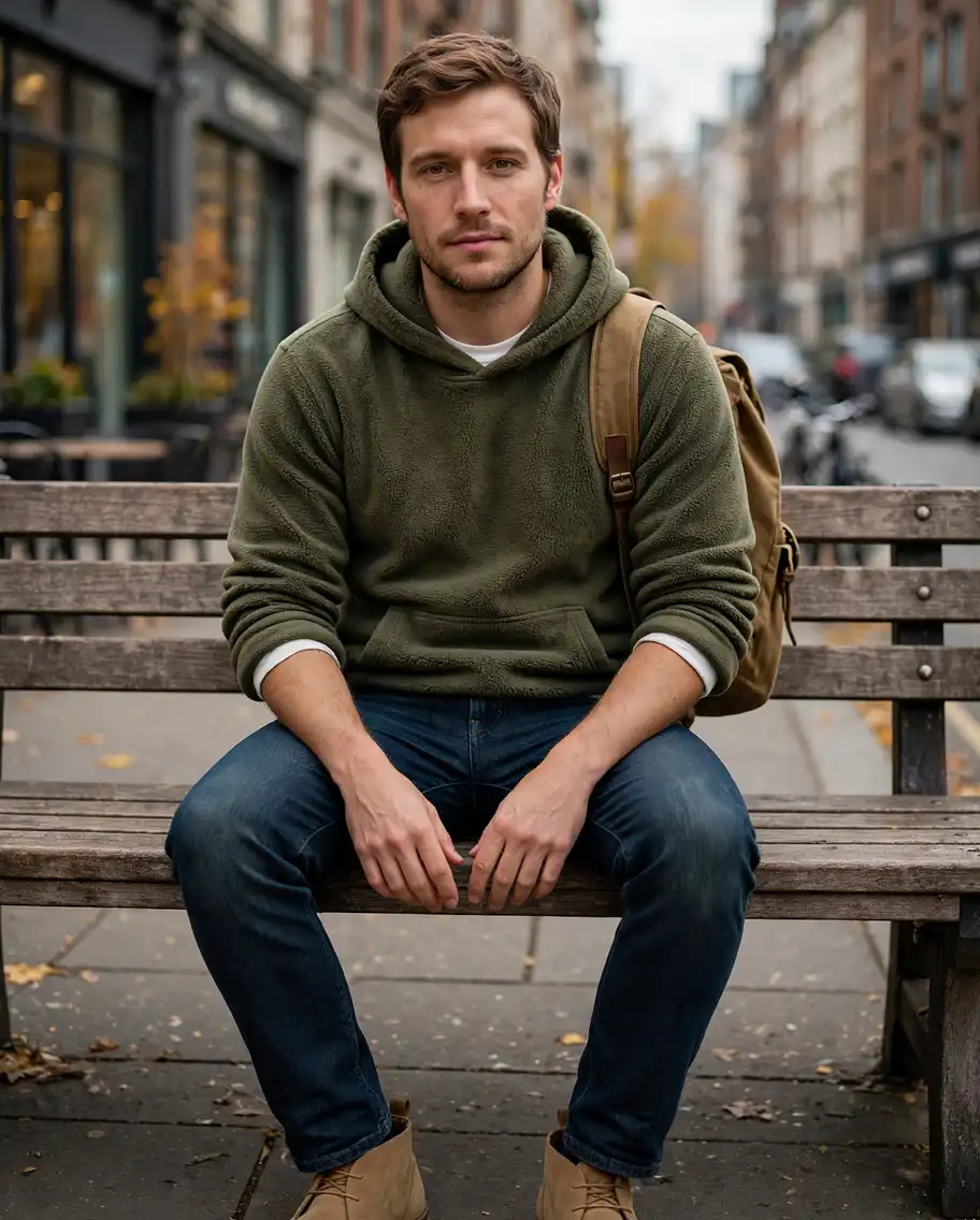 Men's Fall Hoodies for Effortless Autumn Style 12 The Slate Blue Hoodie and Rust Trousers