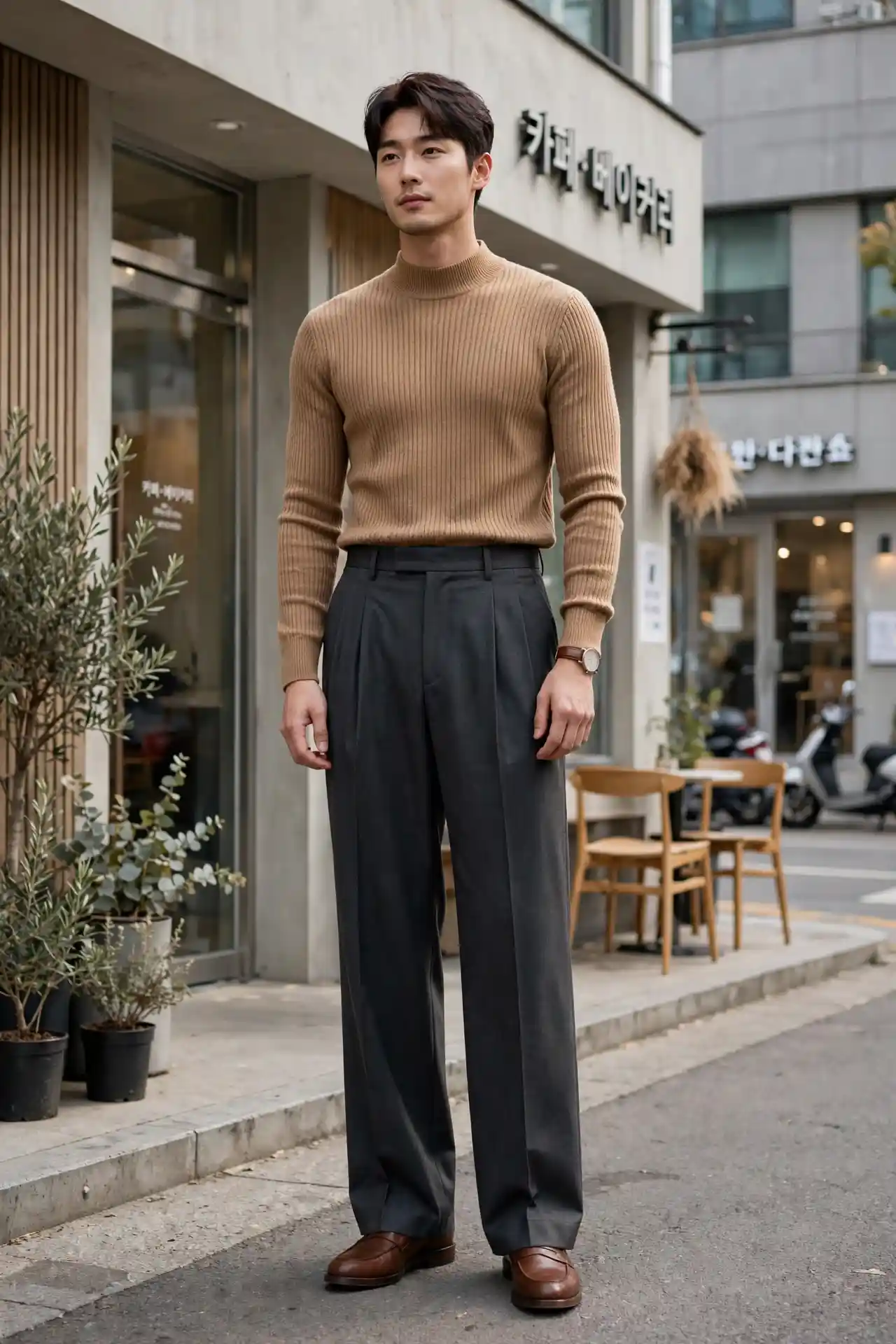 Korean Outfits for Men: 8 Ideas That Always Look Effortless 5 Wide Trousers and Fitted Knit — The Proportion Play