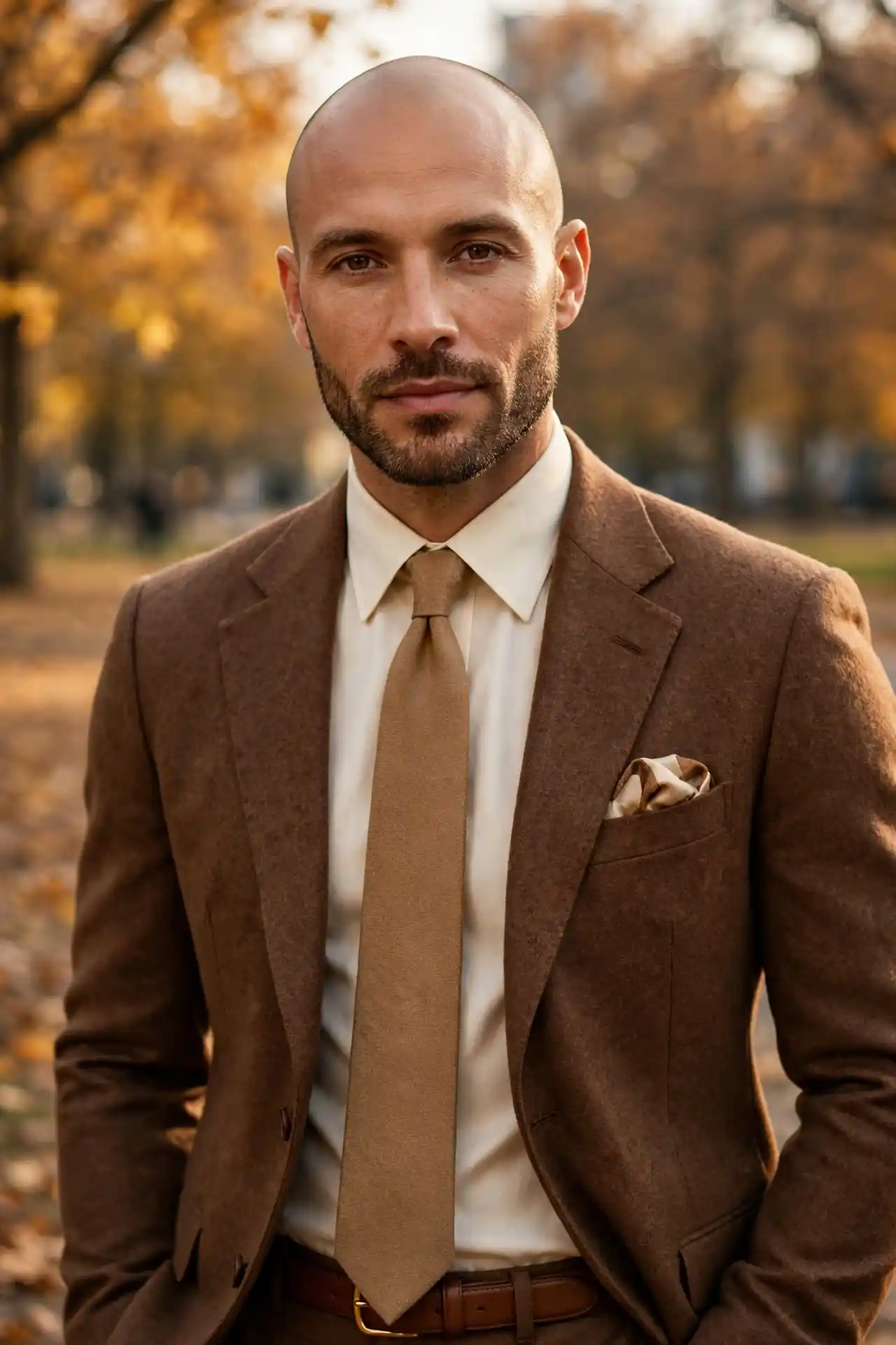 8 Bald Men Formal Style Ideas for a Polished Look 7 Brown Suit with a Cream Shirt