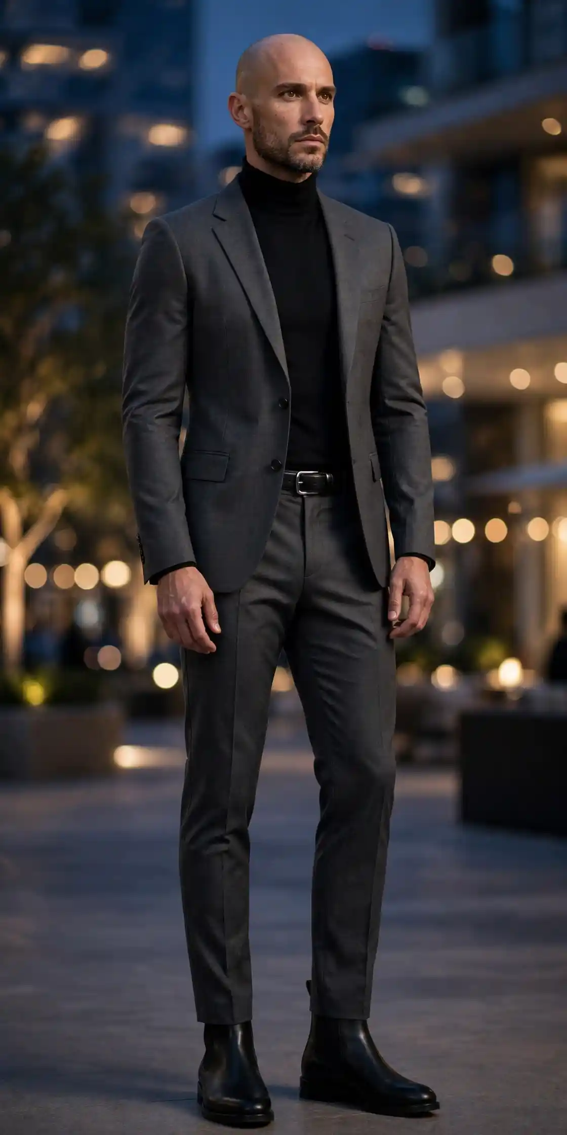 8 Bald Men Formal Style Ideas for a Polished Look 4 Charcoal Grey Suit with a Black Turtleneck