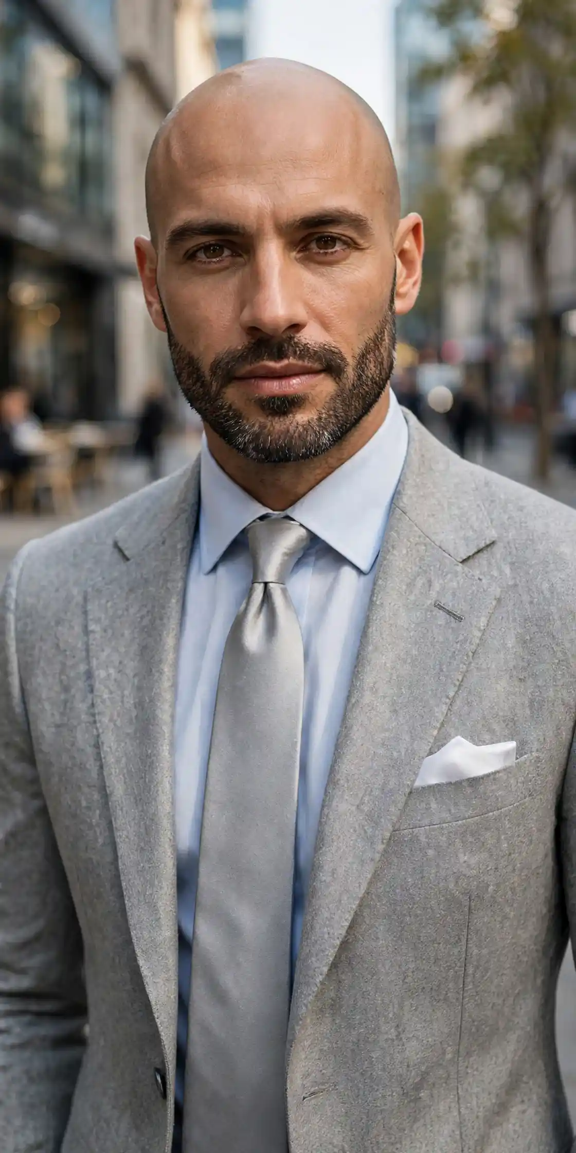 8 Bald Men Formal Style Ideas for a Polished Look 5 Light Grey Suit with a Pale Blue Shirt