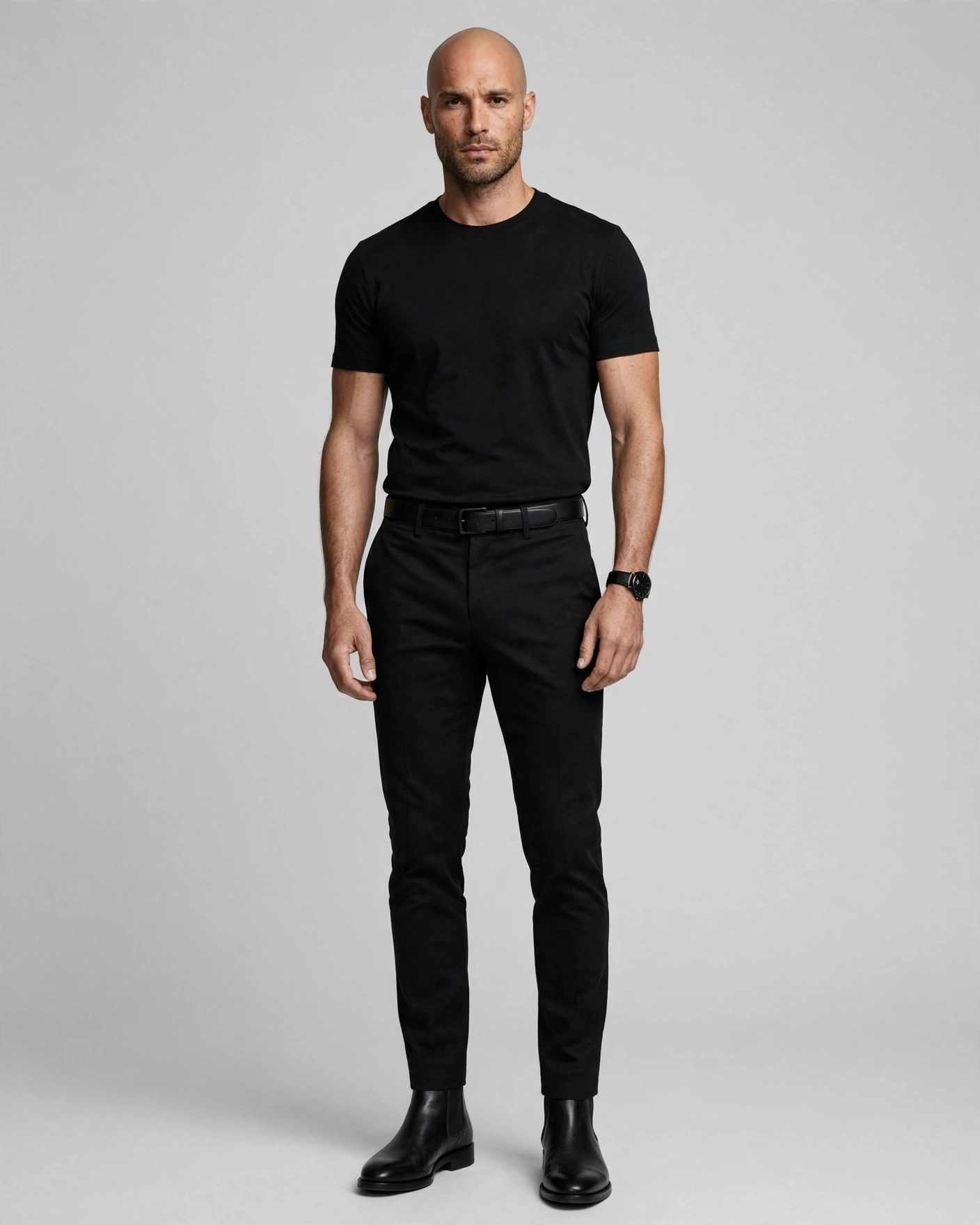 9 Bald Men Looks for a Sharp and Confident Style 2 The Monochrome Uniform